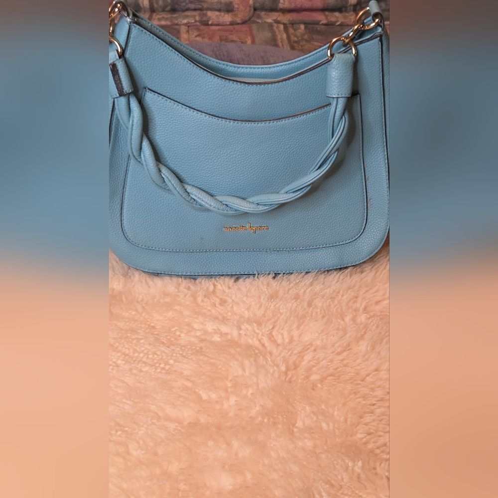 Nanette Lepore Sky Blue Braided Straps Magnetic Snap Man Made Women Shoulder Bag